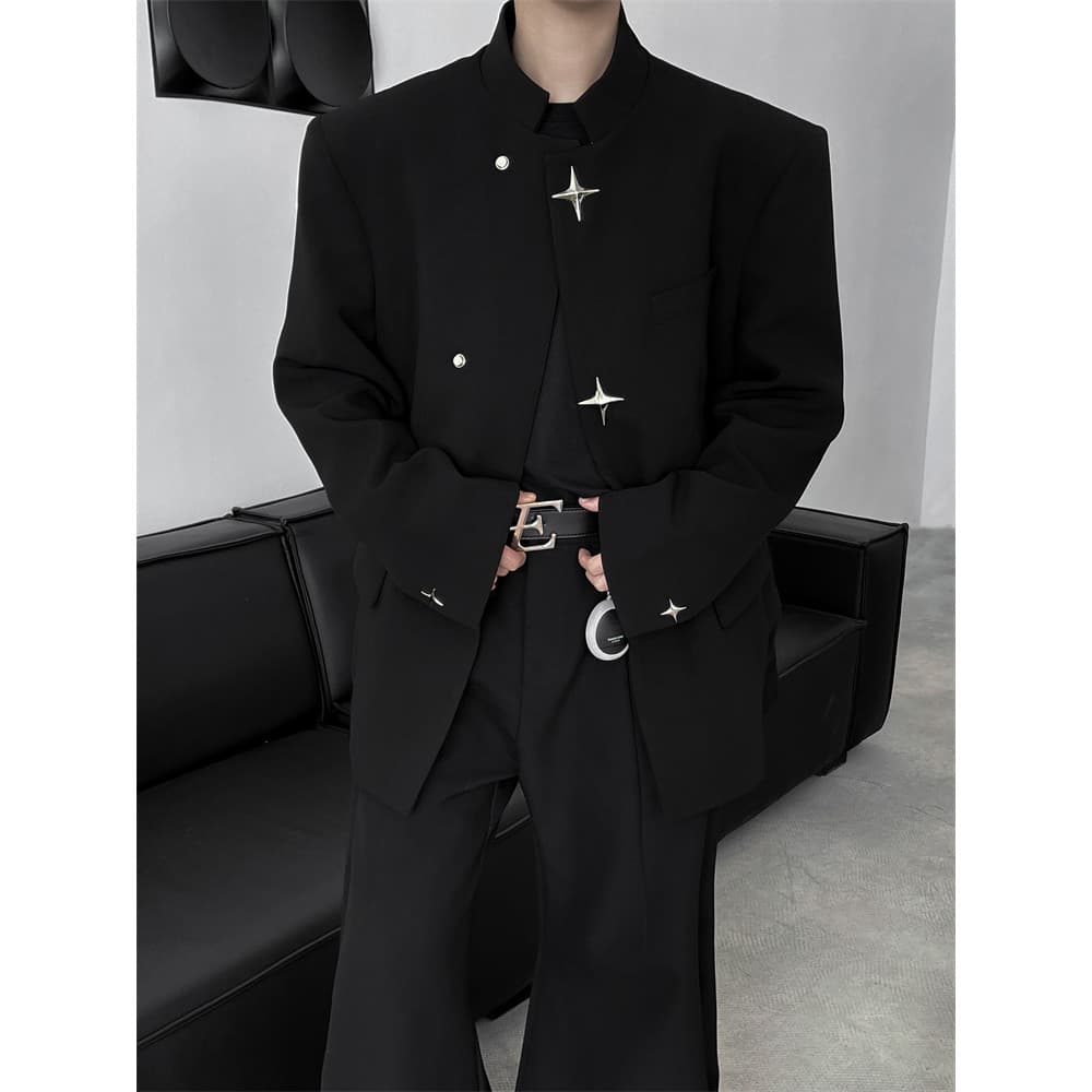 Primavera outono estilo novo estilo chinês Blazer Design masculino fivela de Metal almofada de ombro terno nicho High-En