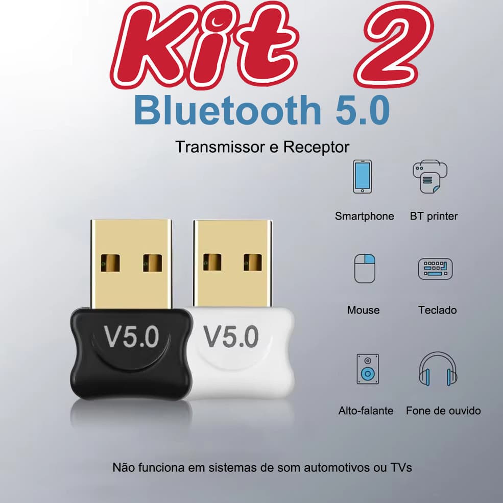 Kit 2 Dongle Bluetooth 5.0 USB Sem Fio Adaptador Receptor Transmissor Música Áudio PC Notebook