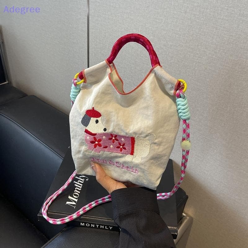Adegree Saco Balde Com Cordão Dos Desenhos Animados Bordado Sacos Cosméticos Grande Capacidade Tote Feminino Portátil Mo