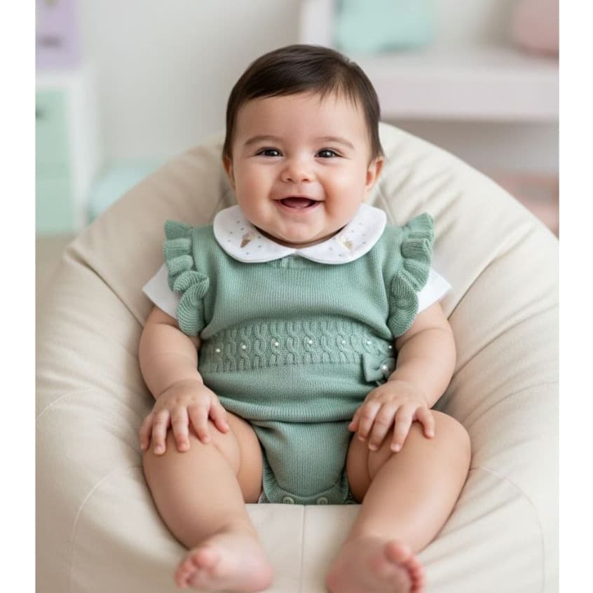 Jardineira Romper Maternidade em Tricô + Body Conjunto Menina Jardineira em Algodão Egípcio Maternidade