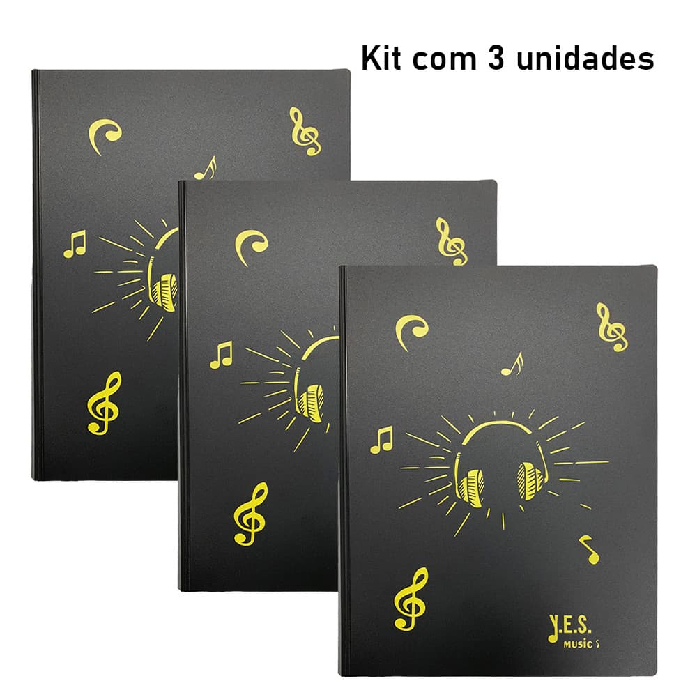 Pasta Catálogo Tamanho A4 c/ estampa de música - 20 sacos plásticos (kit com 3 unidades: AM/AM/AM)