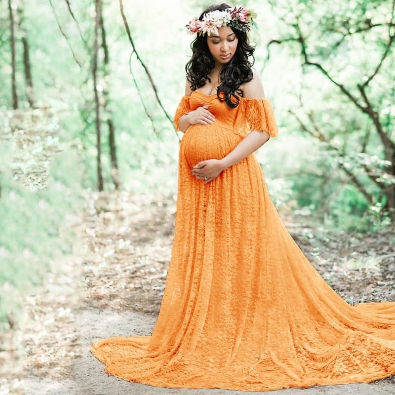 * Vestido Maternidade Tecido E Respirável Elegante Detalhes Renda Bainha Arrasto Para A