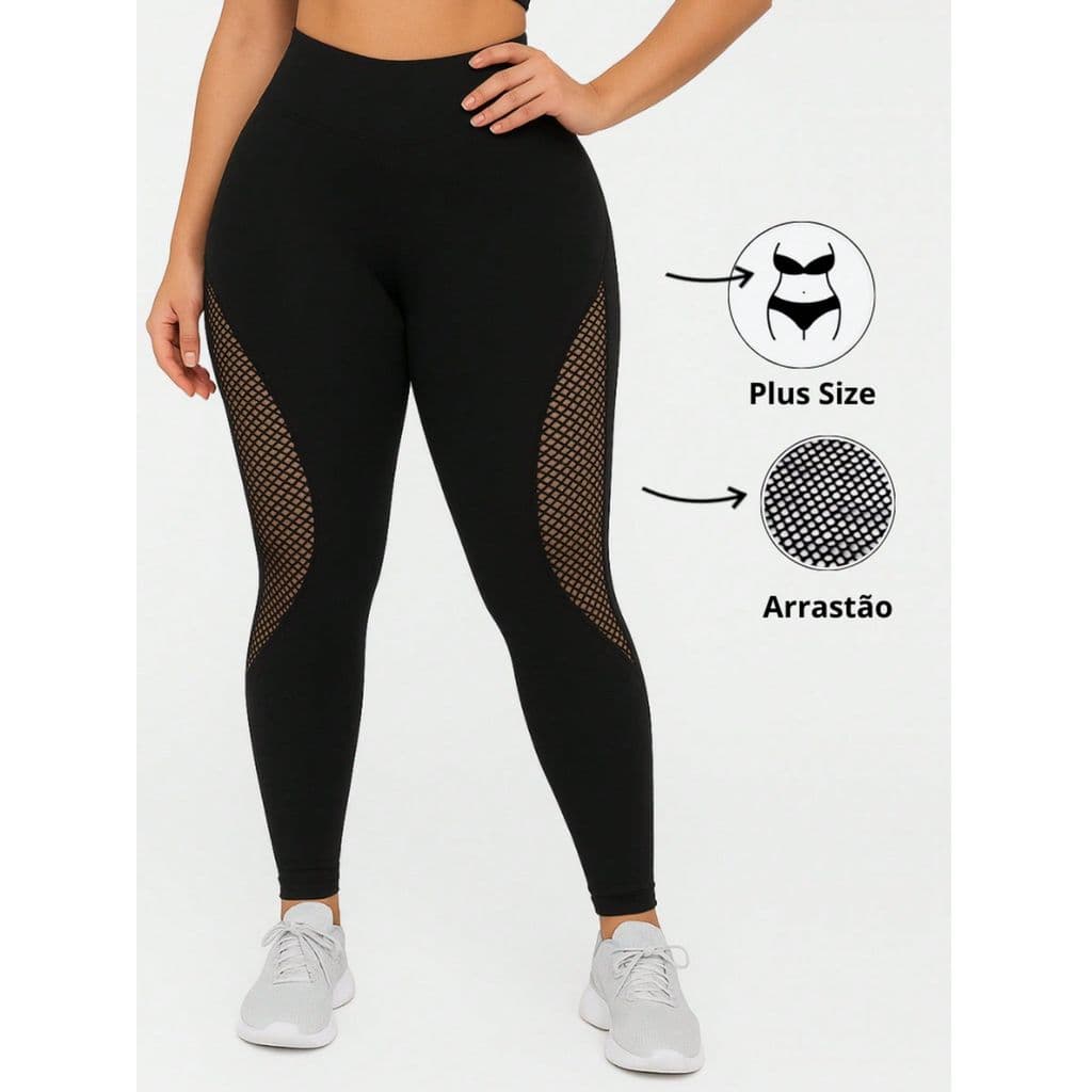 Calça Legging Feminina Detalhe em Arrastão Plus Size Cintura Alta Novidade 2026