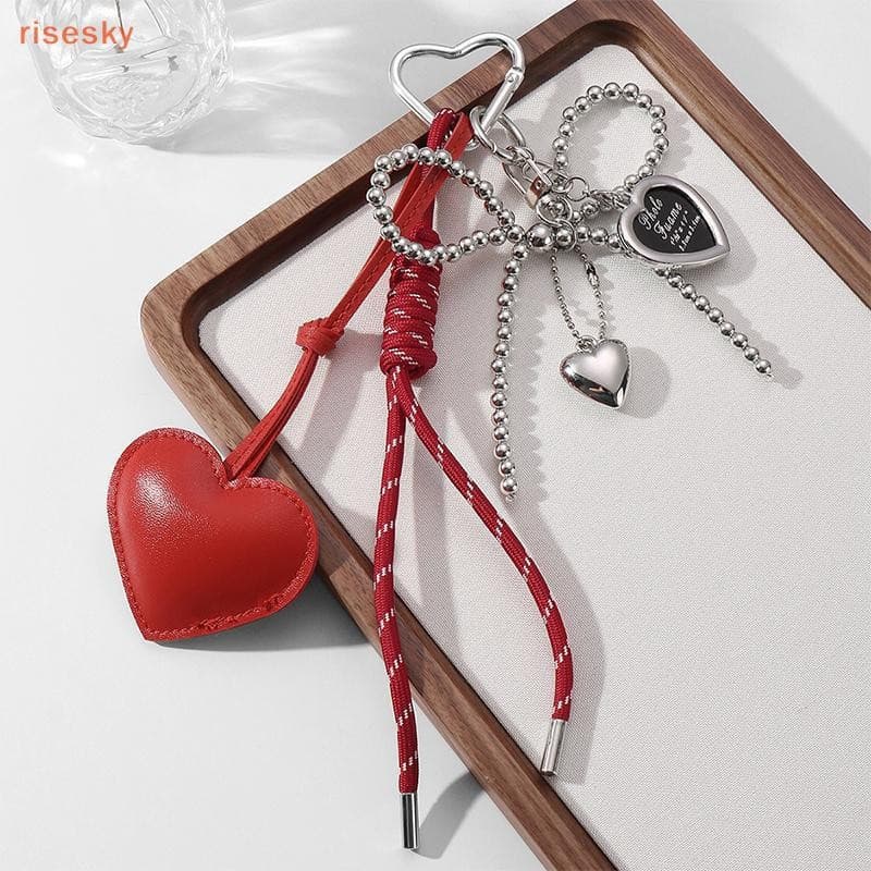 [risesky] Chaveiro De Couro Coreano Moderno Com Laço De Coração , Delicado , Frisado , Porta-Chaves De Carro , Bolsa , P