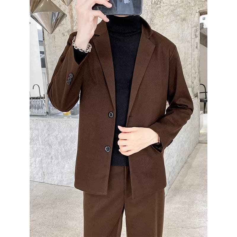 Terno de lã de café escuro masculino outono inverno versão coreana na moda engrossado terno Street Wear elegante jaqueta