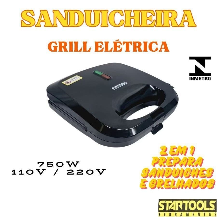 Sanduicheira Grill Elétrica 750W 220 Ou 110V Grelha Duplas 2 Em 1 Sanduíches E Grelhados 21,5x22x7,5