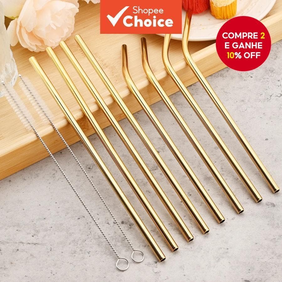 Conjunto de Palhetas Reutilizáveis de Aço Inoxidável Douradas para Beber Leite, Suco e Chá Amigo do Ambiente