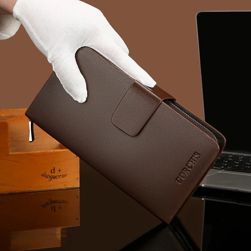 Carteira Longa De PU Sólida Masculina Com Zíper Duplo Porta-Cartões Bolsa De Mão Designer