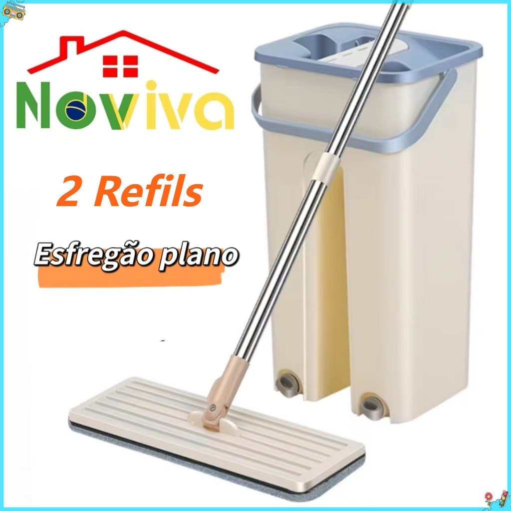 Mop Esfregão Flat Com Balde Lava e Seca + Refil Microfibra Cabo Inox Limpeza Prática|Noviva