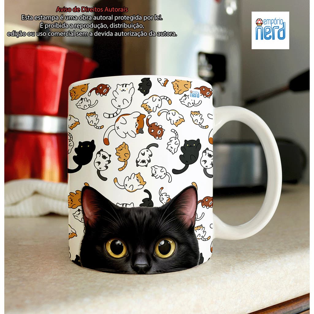 Caneca Pet em Porcelana Gatinho Preto Curioso 30+ Cores De Gatinhos Diferentes