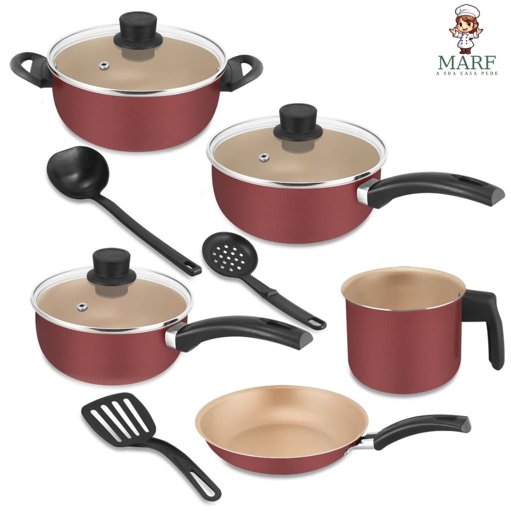 Jogo de Panelas Antiaderente Kit 8 Peças Teflon Premium 5 Camadas com Tampa de Vidro + Talheres – MARF
