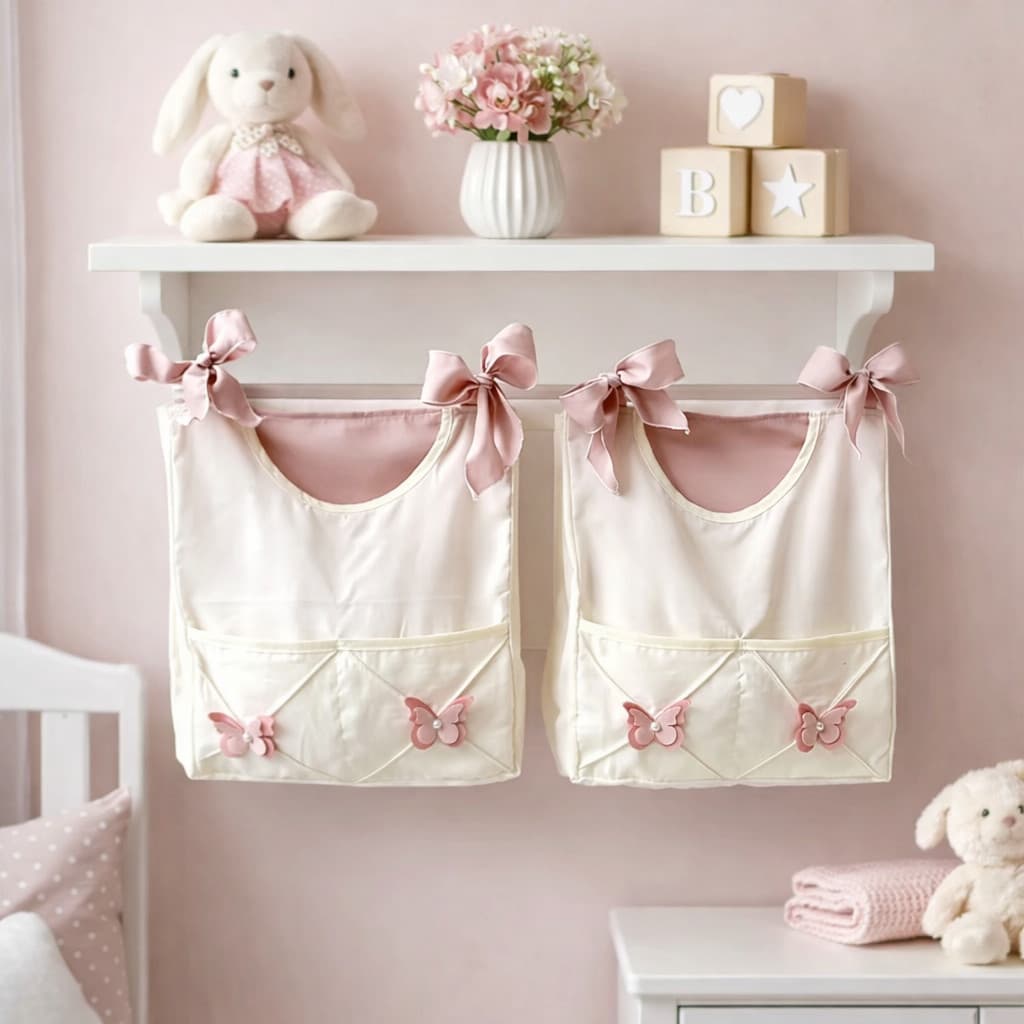 Porta Fraldas Para Varão ou Berço De Amarrar Tema Borboletas rose rosa lilas