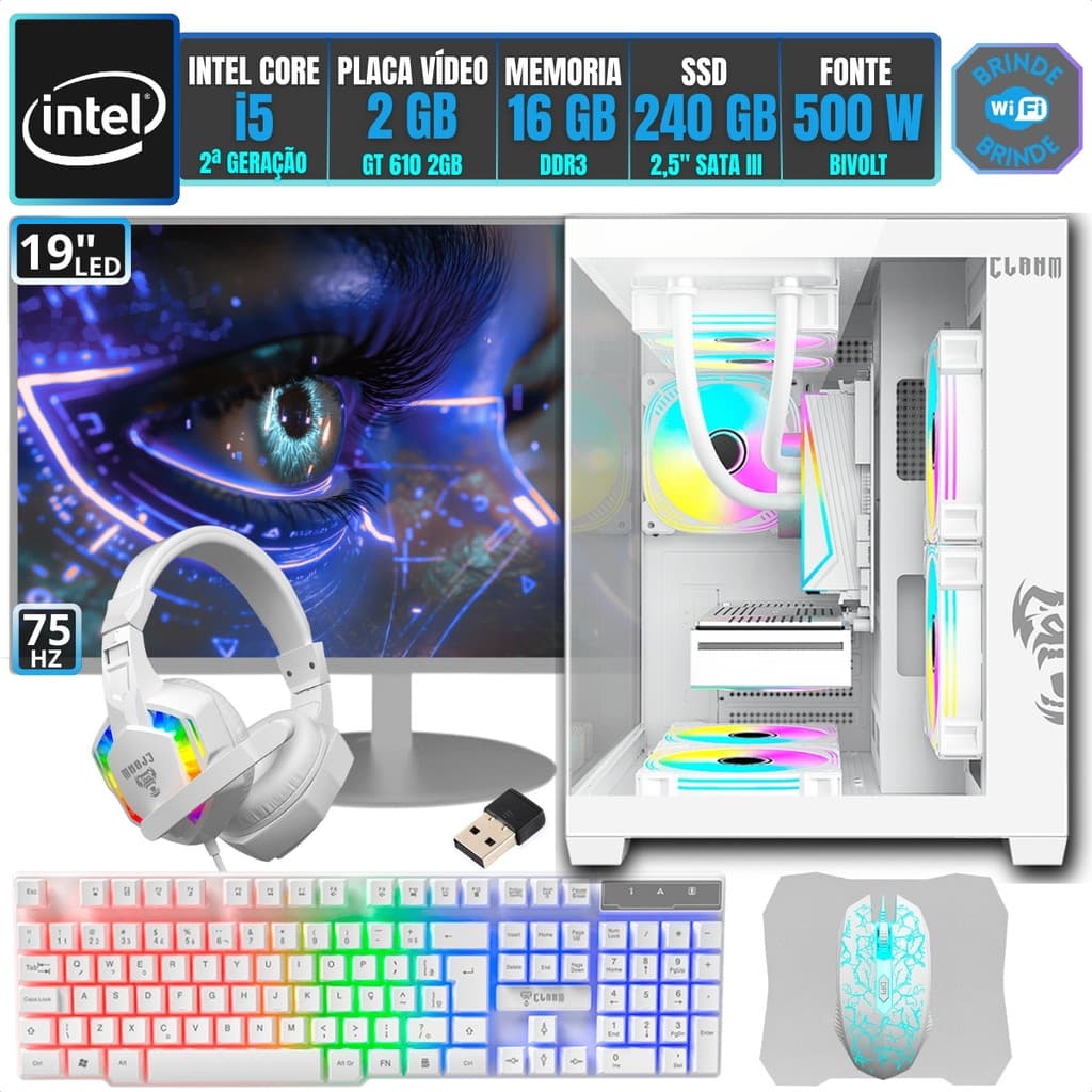 PC Gamer Completo Kit Intel I5 16GB SSD 240GB Placa Vídeo 2GB Monitor 19 Gabinete Branco Pronto