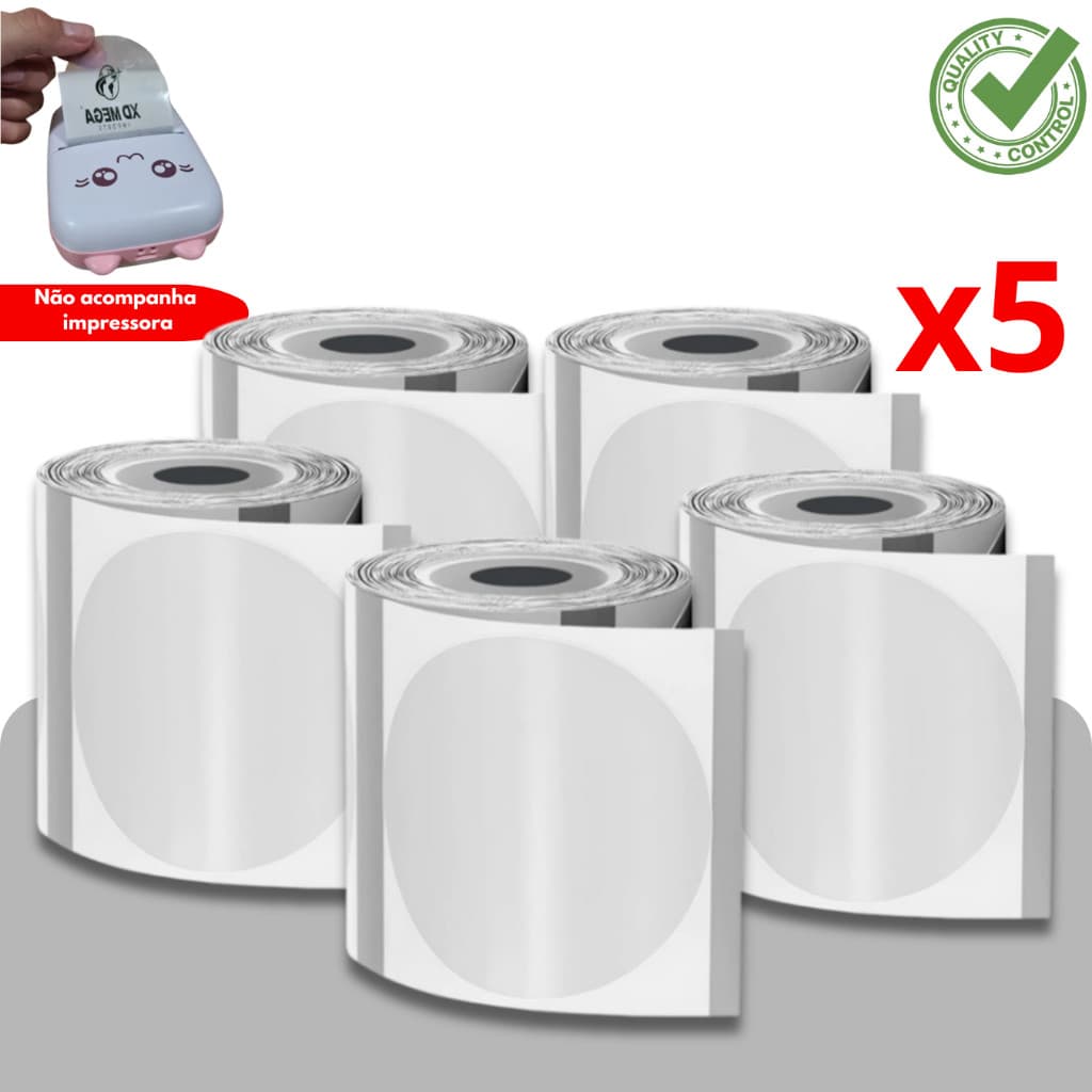 5 ROLOS DE ETIQUETA REDONDA 50X50 TRANSPARENTE PARA IMPRESSORA GATINHO