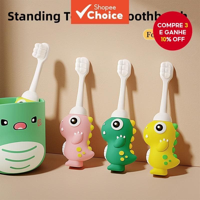 Escova de Dentes para Crianças e Bebês Cerdas Suaves 10.000 Pêlos Dinosauro Cartoon Bonitinho