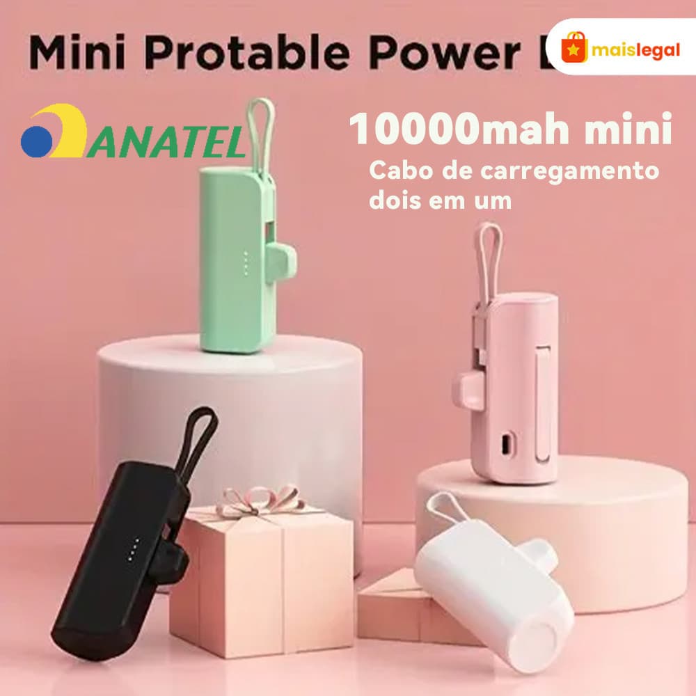 Power Bank Mini Sem Fio 2em1 - 10000mAh, Bateria Portátil para iPhone e Celulares com USB-C