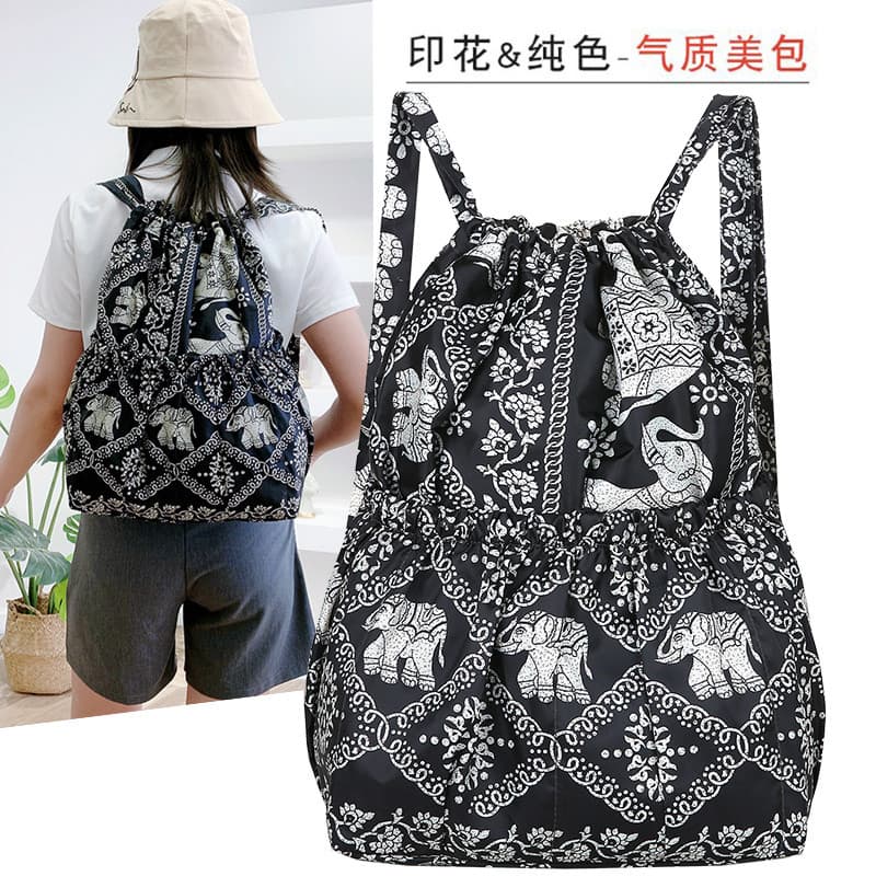 Verão novo estilo Oxford pano mochila cordão bolso feminino leve impresso náilon viagem grande capacidade