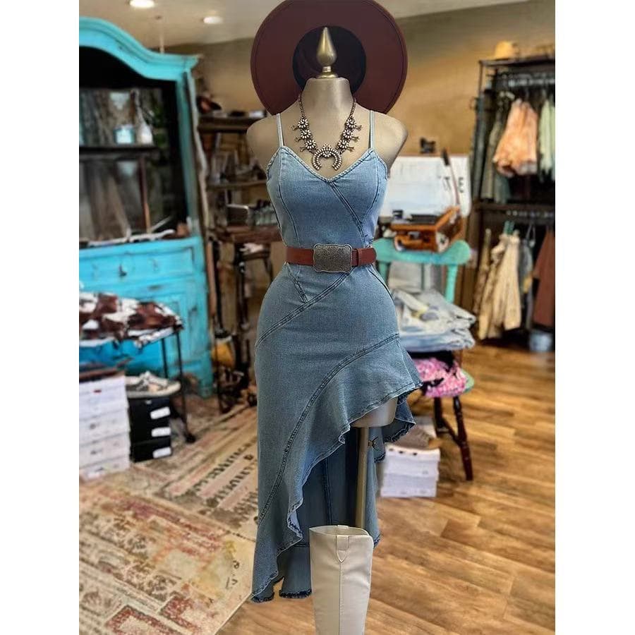 2026 Vestido Jeans Feminino Com Saia Inclinada Unilateral