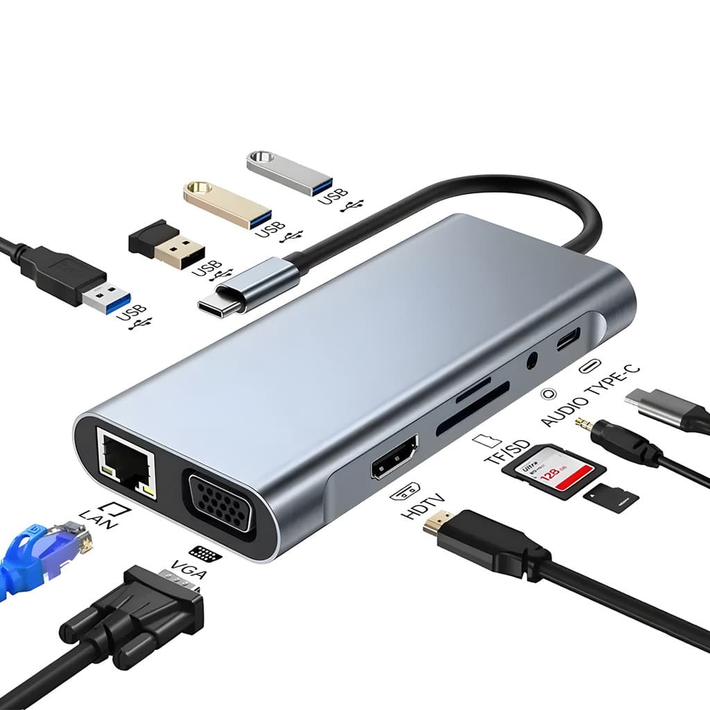 Hub USB Tipo C 11 em 1 Adaptador Expansor Multiporta USB3.0 HDMI VGA LAN Áudio TF SD OTG