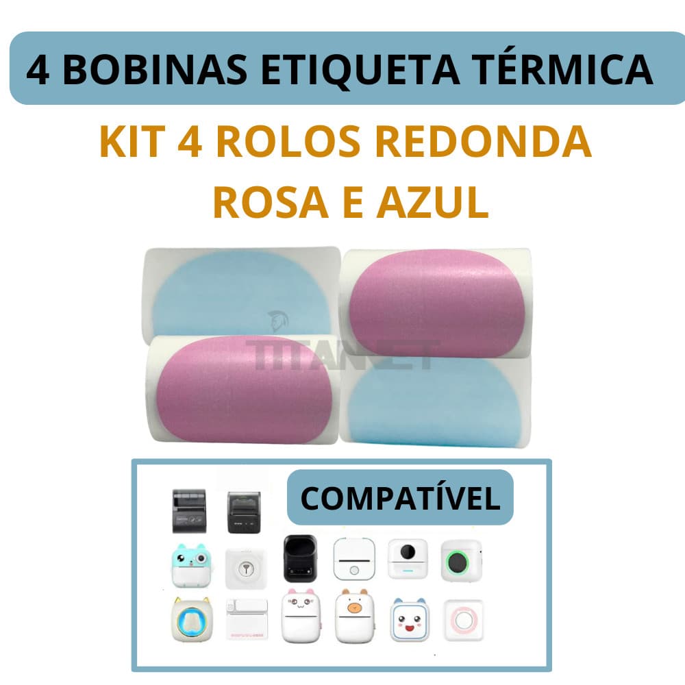 Etiqueta Adesiva Para Mini Impressora Gatinho - 4 Rolos (2 Rolos Rosas e 2 Rolos Azuis)