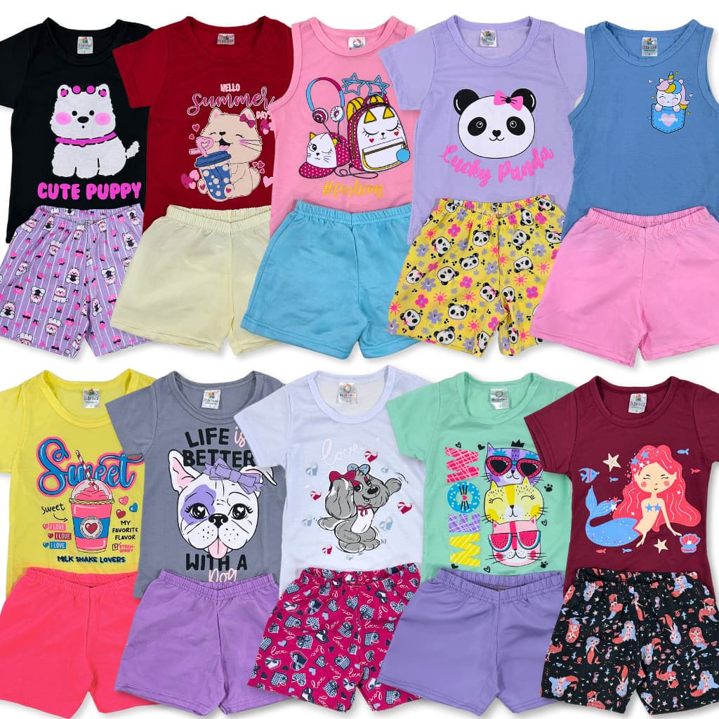 Kit 6 ou 10 Peças 3 ou 5 Conjunto Roupa Infantil Menina Verão Sortido Estampado Camiseta + Shorts