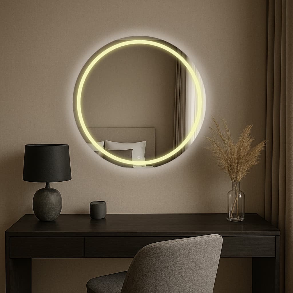 Espelho Redondo 50x50cm Jateado fino com Led 3 Cores Lapidado Decoração Moderna Quarto Sala Banheiro