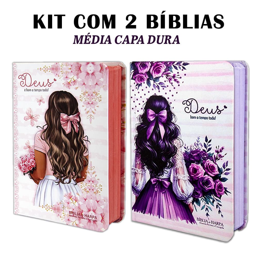 Kit 2 UN - Bíblia Grande | ARC - João Ferreira de Almeida - Harpas e Corinhos - Flores Aquarelas e Menina Lilás