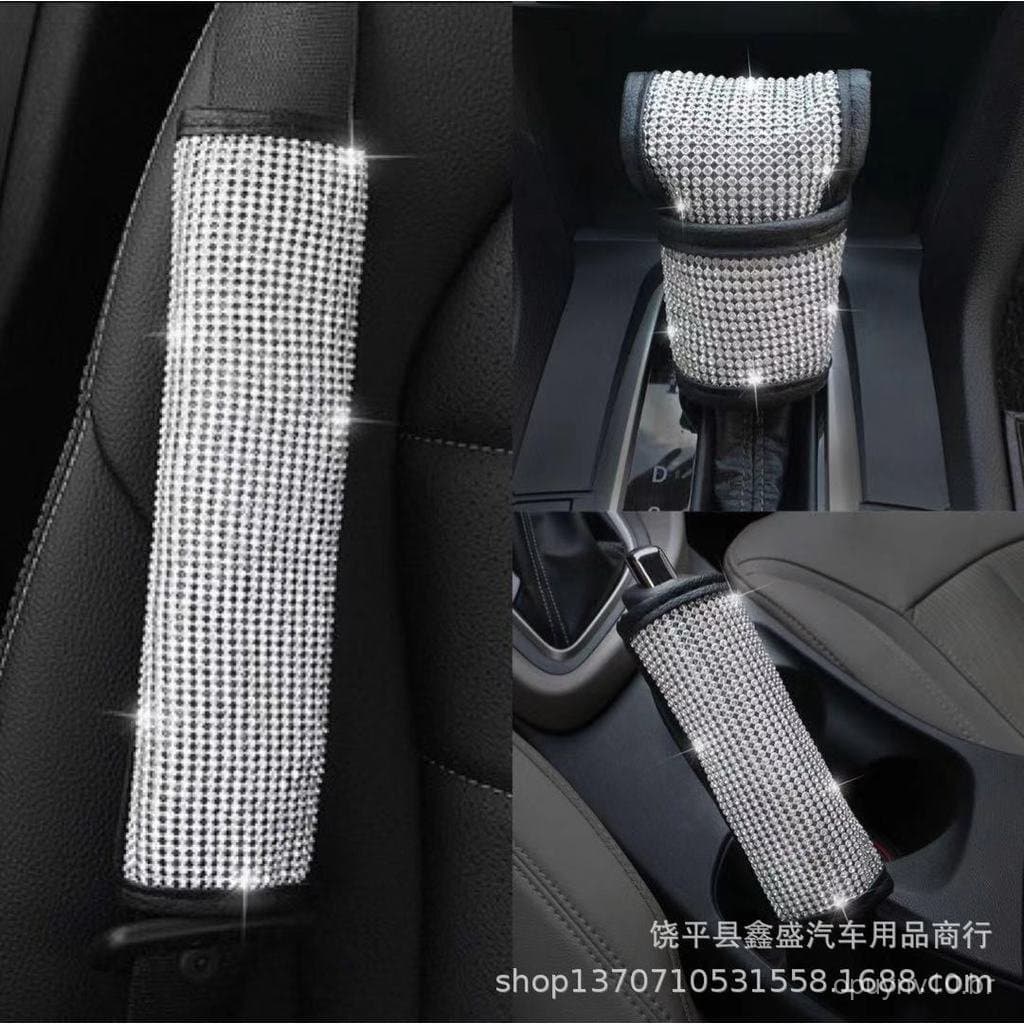 Conjunto pequeno de acessórios para carro com strass: capa para freio de mão, capa para manopla de câmbio, protetor de c