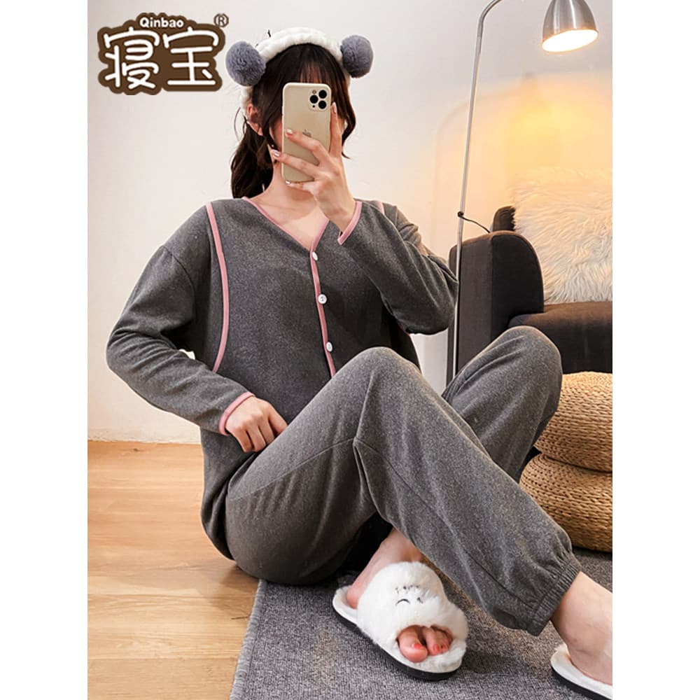 Roupas de confinamento de veludo alemão inverno pós-parto velo quente mulheres grávidas pijamas outono roupas de enferma