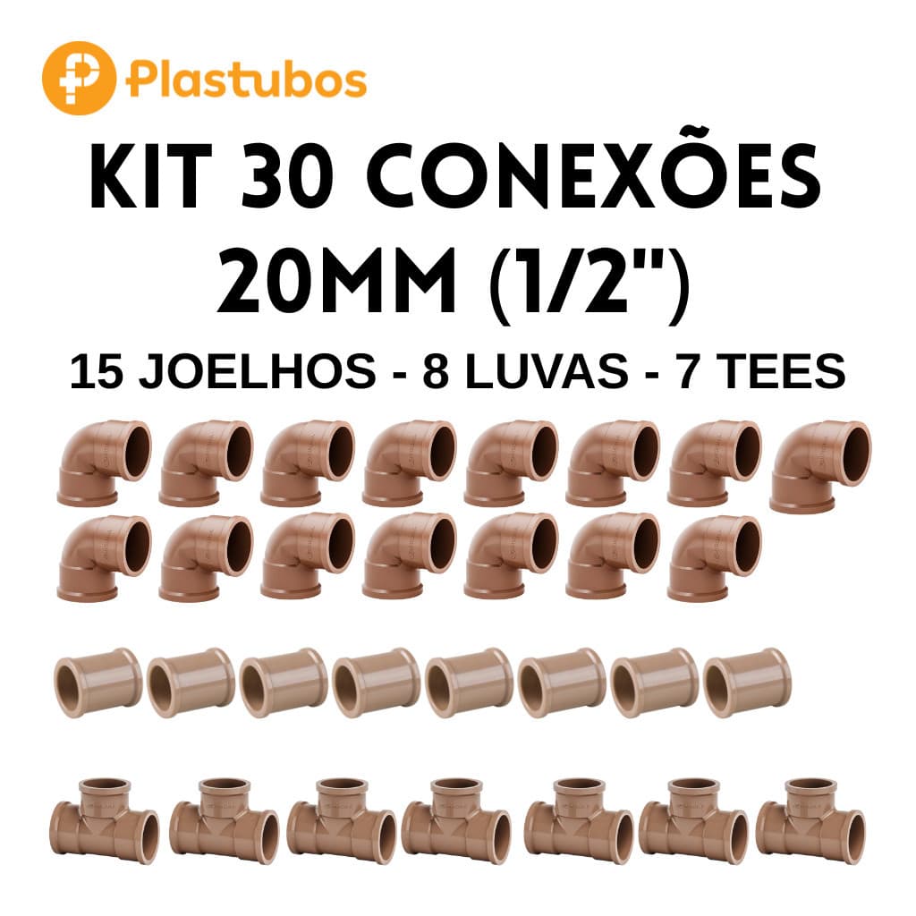 Kit 30 Conexão Pvc 20mm 1/2" Hidraulico Soldavel Agua Fria 15 Joelho 8 Luva 7 Tee Alta Qualidade