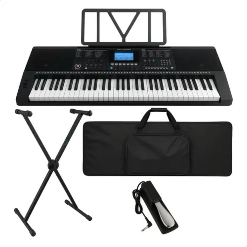 Kit Teclado Piano Sensitivo Profissional 61 teclas 500 timbres Arranjador + Sup/partitura Com Suporte/Capa/Pedal