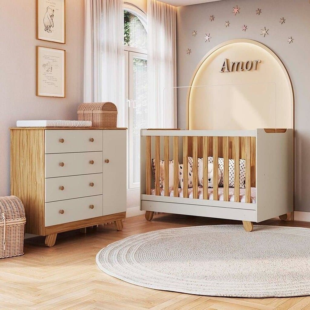Quarto de Bebê com Cômoda 4 Gavetas e Berço Minicama 4 em 1 Levy 100% MDF Espresso Móveis Amêndoa/Off White