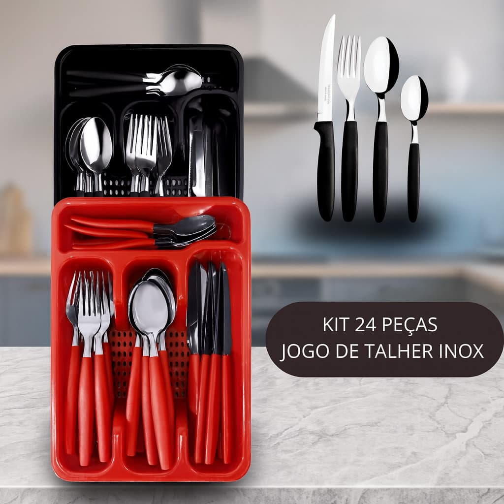 Jogo De Talheres Inox Com 24 Peças + Suporte Gaveteiro YB-0219 yobel