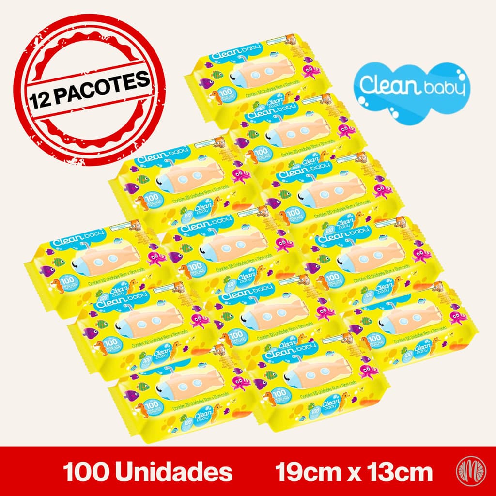 Kit 12 Pacotes Lenços Toalhas Umedecidas Higiene Bebe Clean Baby Pacote 100 Unidades