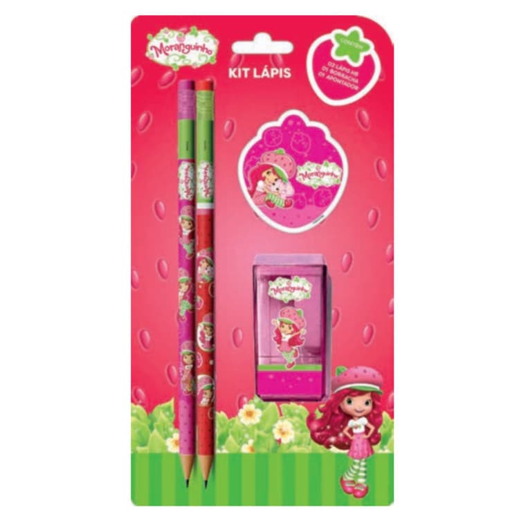 Kit Moranguinho 2 Lápis HB+ Borracha+Apontador Material Escolar Sky Paper