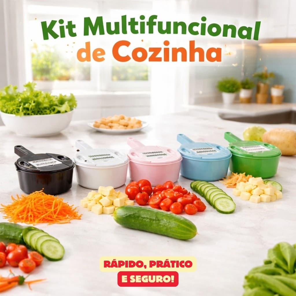 KIT MULTIFUNCIONAL COZINHA 3 EM 1 - CORTADOR RALADOR DESCASCADOR DE LEGUMES COM RECIPIENTE COLETOR