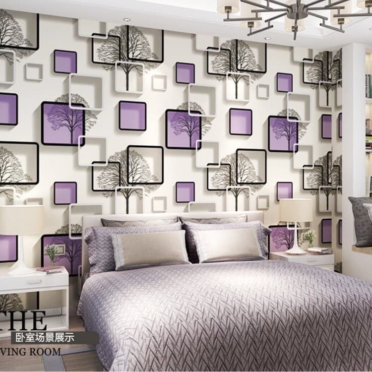 Papel De Parede Roxo moldura quadrada 3d e árvore Decoraçao Vinilico Tamanho 5m*45cm