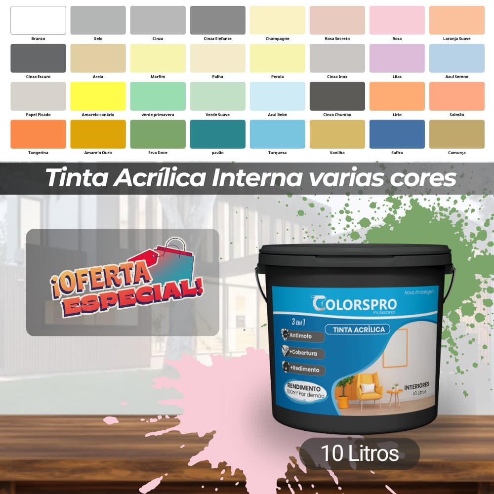 Tinta acrílica parede 10 litros ColorsPro - Sem cheiro e com Antimofo Varias cores - Alta cobertura