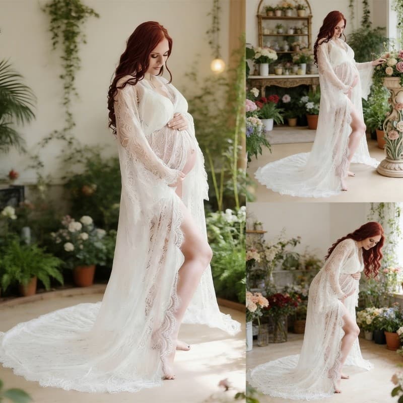 iorsoul1 Lindo Vestido De Maternidade De Renda Longo Com Ajuste Elástico Ideal Para Fotos Pré-Natais E Eventos Formais