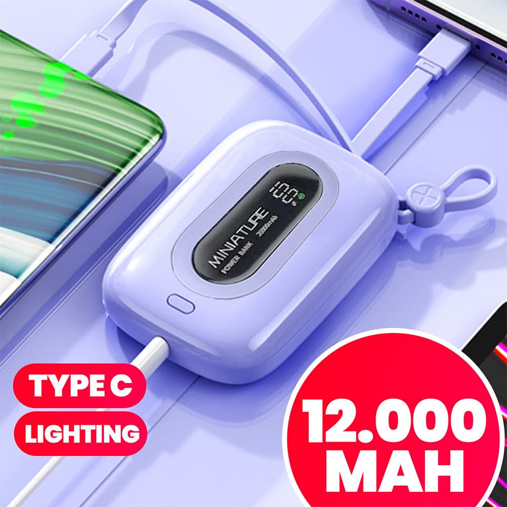 Power bank de 12.000 mAh carrega super rápido possui USB universal‌ é compacto portátil e com exibidor numérico.