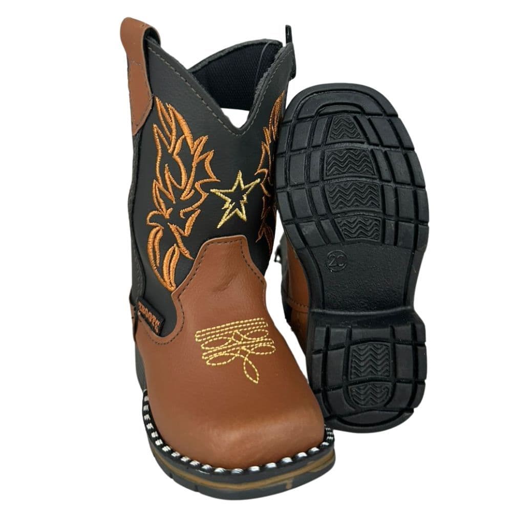Bota Texana Infantil Zboots Bico Quadrado Preto Com Bordado Caramelo Ref:B019