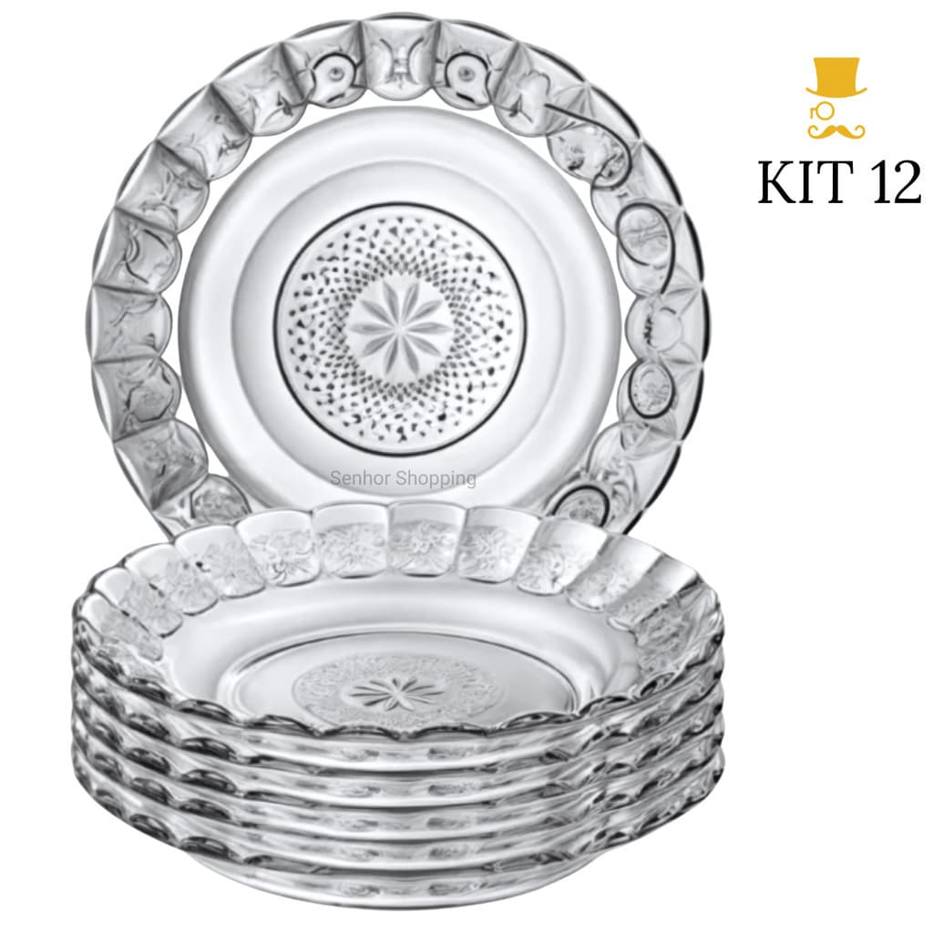 Kit Até 12 Pratos De Vidro Egípcio Fundo Transparente Estrela 22cm Moderno Resistente e Sofisticado