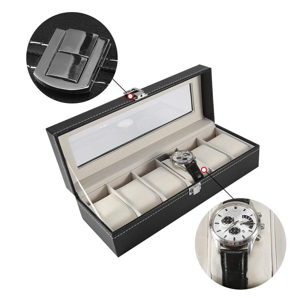 PU Leather Watch Storage Box, Couro  Assista Acessórios, Display Case, Suporte, Organizador, Caixa de Jóias, 6 Slots