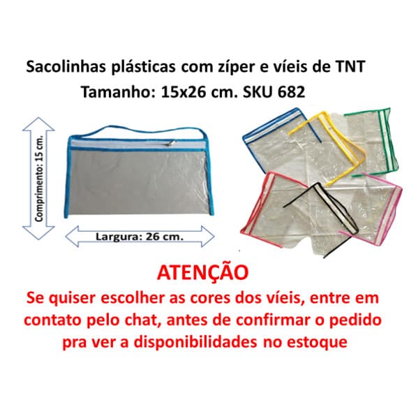 Organizador tipo necessarie - Sacolinhas plásticas Transp. p/aniversários e utilidades c/zíper e viés - 26x15 cm. 682