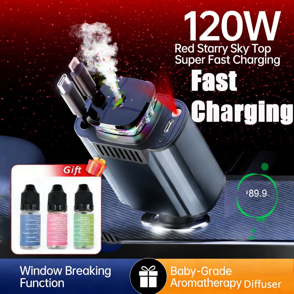 Carregador De Carro De Carregamento Rápido 6 Em 1 De 120 W Com Adaptador De Cabo Retrátil De Aromaterapia Starry Sky