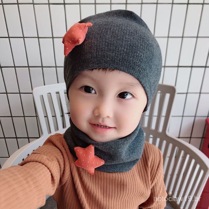 Novo conjunto de gorro e cachecol infantil para o outono e inverno, conjunto de duas peças, gorro e aquecedor de pescoço