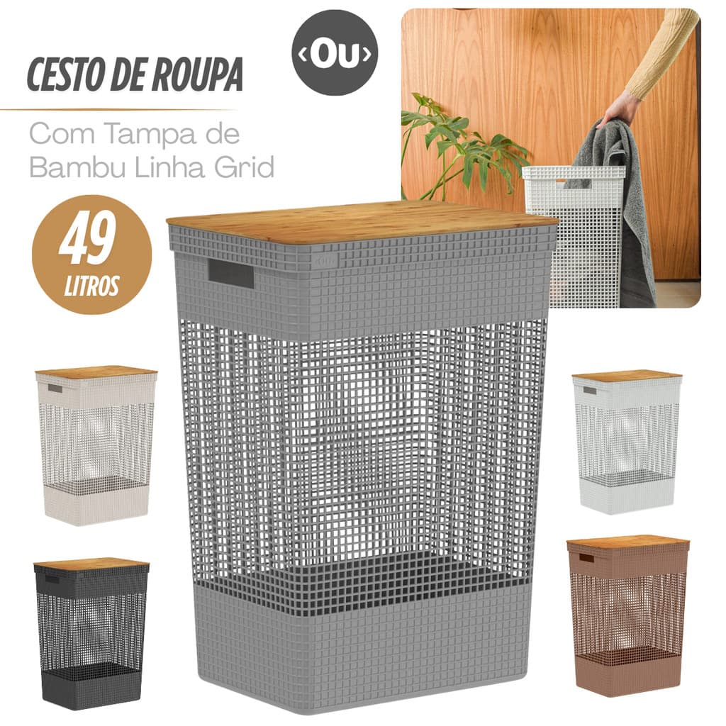 Cesto de Roupa Suja Grande Tampa Bambu Grid 49L  Com Tampa Cesto de Lavanderia Organizador