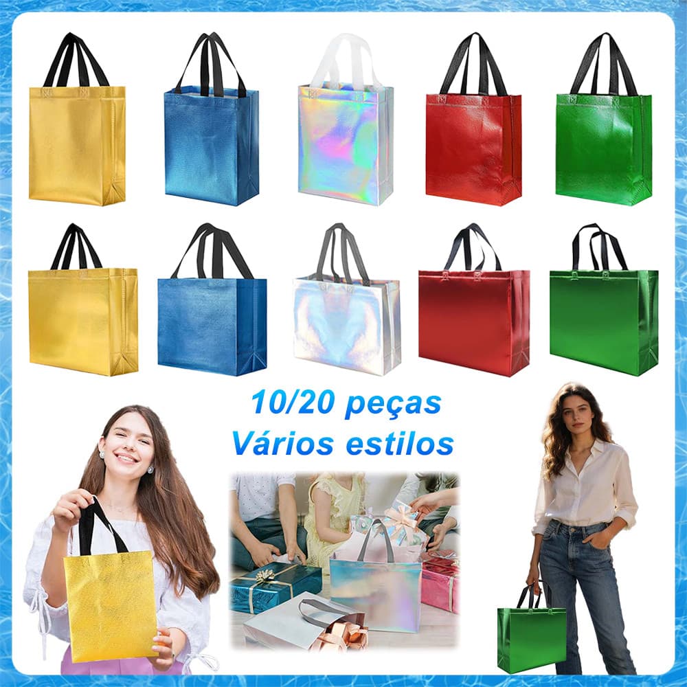 Pacote com 10/20 sacolas de presente com alças,não tecidas reutilizáveis de mercearia,Vários estilos disponíveis