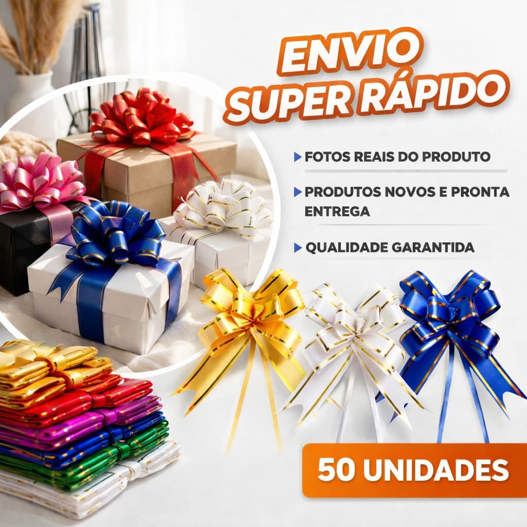 50 Laços Mágicos Fácil para Presente com Filete Dourado P/M/G Cores Variadas