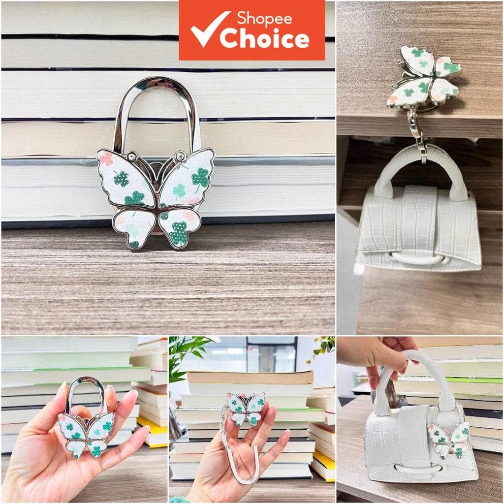  Gancho Dobrável 1 PC em Formato de Borboleta Brilhante para Pendurar Bolsas em Mesas de Casa e Escritório